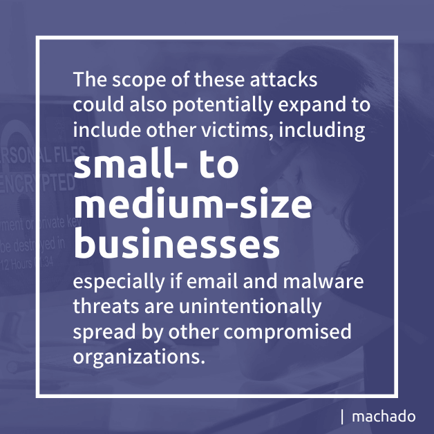 Russian Cyber Attacks: The scope of these attacks could also potentially expand to include other victims, including small- to medium-size businesses, especially if email and malware threats are unintentionally spread by other compromised organizations.